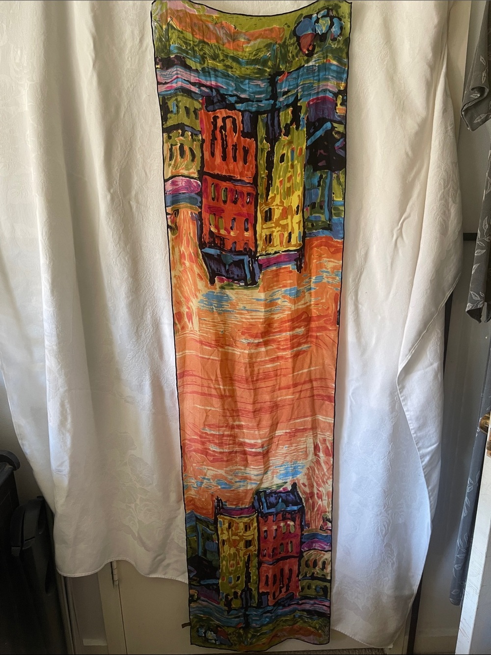 Colorful Cityscape Silk Maxi Scarf - Vibrant Orange, Blue, Green